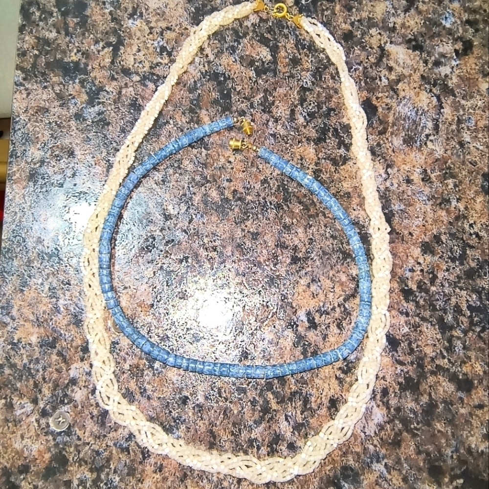 Elegant Cream and Blue Necklace Set vintage woven white beaded y2k